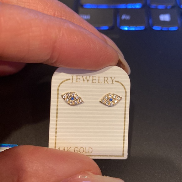 New 14k Solid Real Gold Evil Eye Stud Earrings - Picture 3 of 5